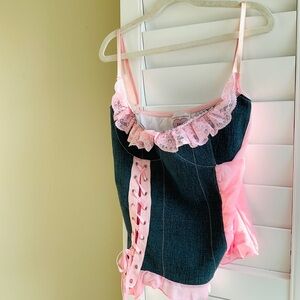 lululemon athletica Pink and Dark Blue Denim Lace-Trim Tank